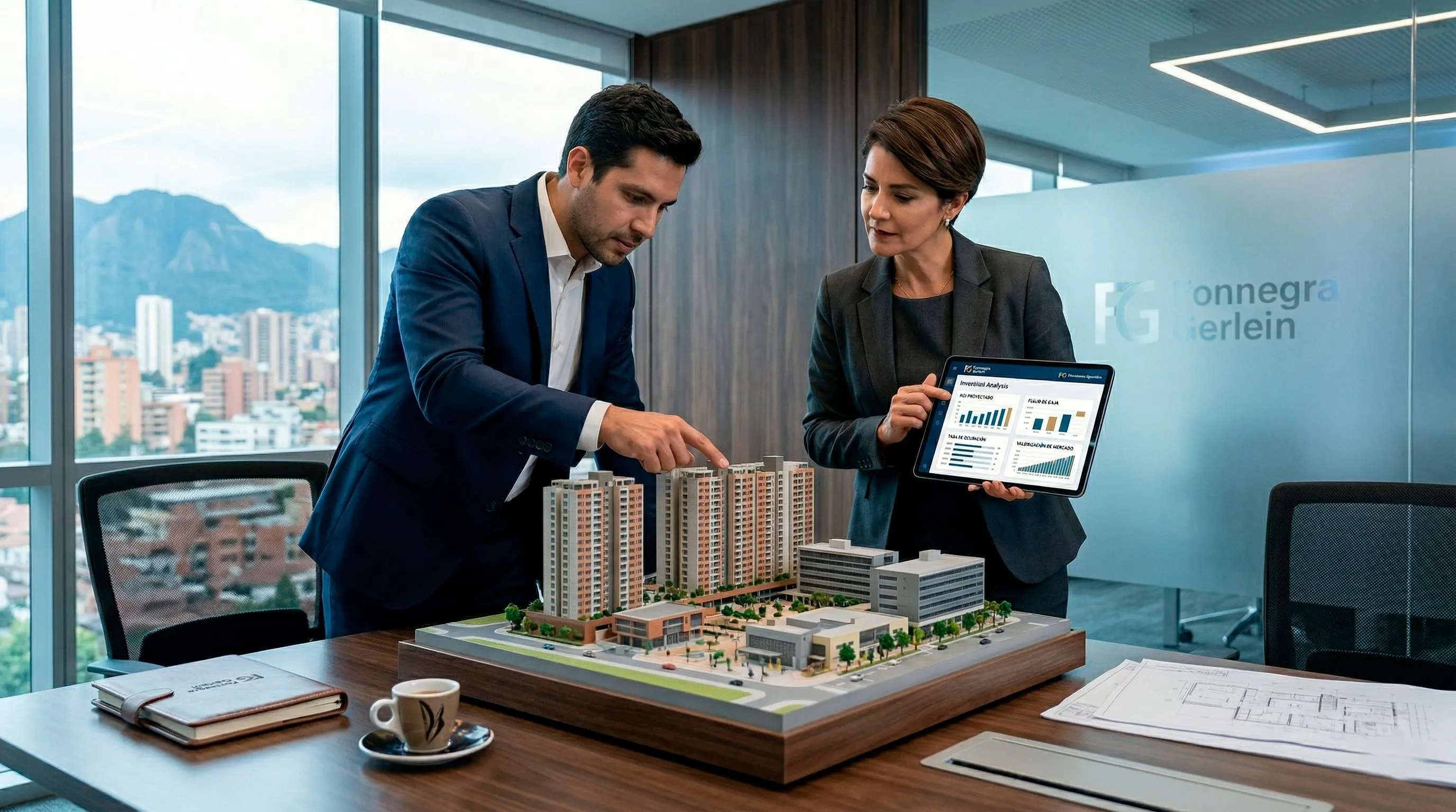Dos ejecutivos revisando un modelo arquitectónico sobre una mesa mientras analizan datos de inversión en una tablet.